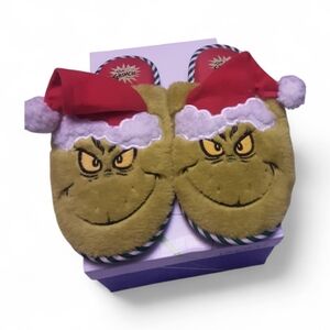Grinch Plush Holiday Slippers with Santa Hat. Sz 5-6